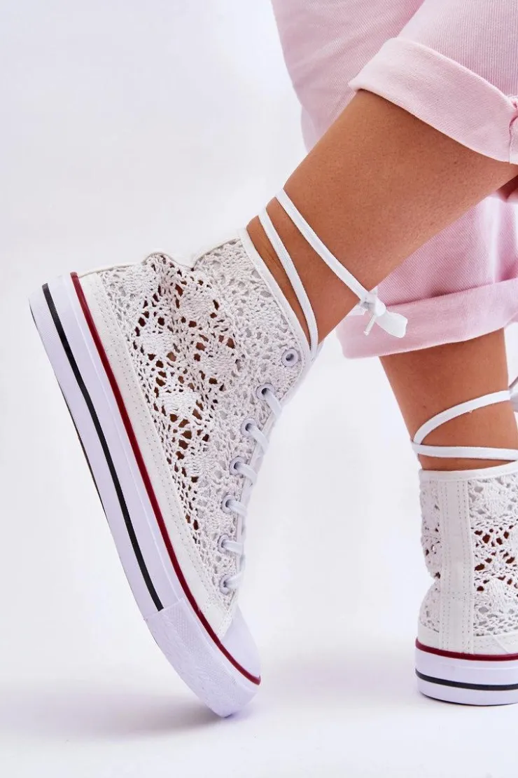 Outlet Boto Damskie Koronkowe Wysokie Trampki Białe Cornella