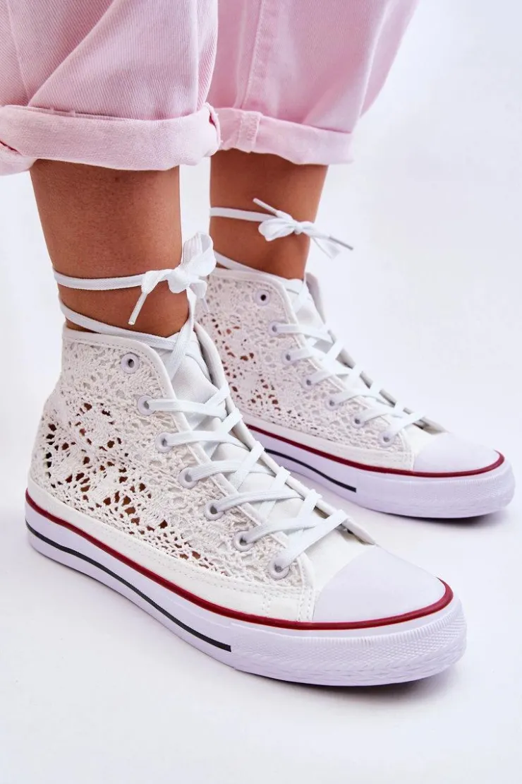 Outlet Boto Damskie Koronkowe Wysokie Trampki Białe Cornella