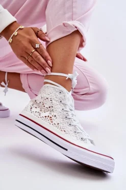 Outlet Boto Damskie Koronkowe Wysokie Trampki Białe Cornella