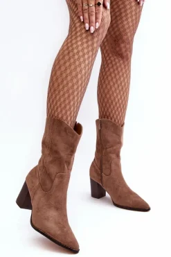 Damskie Boto Damskie Kowbojki Botki Na Słupku Ciemnobeżowe Danell