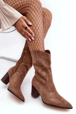 Damskie Boto Damskie Kowbojki Botki Na Słupku Ciemnobeżowe Danell