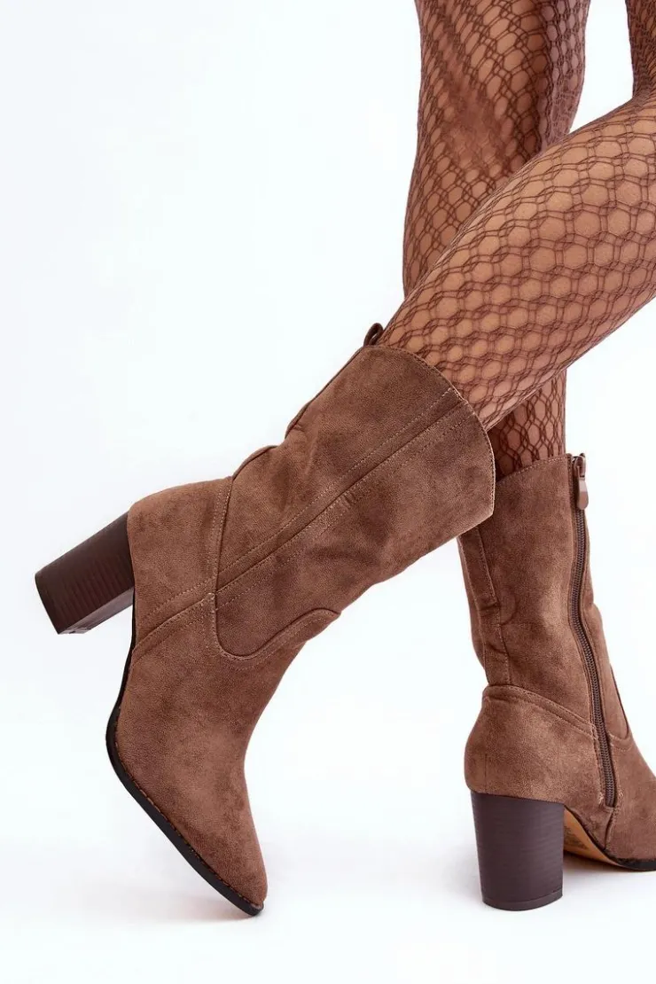 Damskie Boto Damskie Kowbojki Botki Na Słupku Ciemnobeżowe Danell