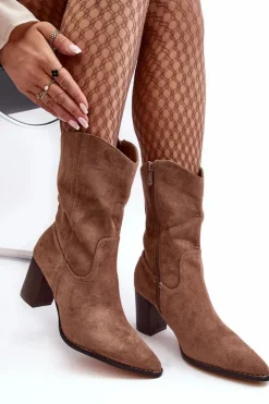 Damskie Boto Damskie Kowbojki Botki Na Słupku Ciemnobeżowe Danell