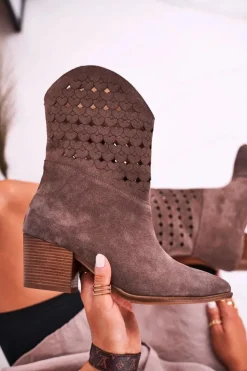 Damskie Boto Damskie Kowbojskie Botki Na Słupku Zamszowe Brązowe Emily