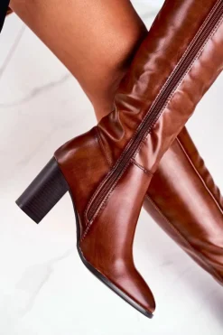 Buty Sergio Leone Kozaki Na Obcasie*Damskie kozaki do kolana Sergio Leone brązowe KZ278