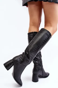 Boto Kozaki Przed Kolano|Kozaki Na Obcasie*Damskie Kozaki Do Kolana Na Słupku Wężowy Wzór Czarne Ceriona