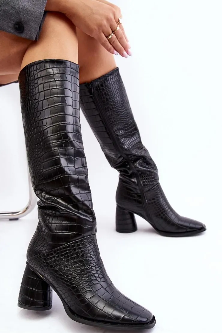 Boto Kozaki Przed Kolano|Kozaki Na Obcasie*Damskie Kozaki Do Kolana Na Słupku Wężowy Wzór Czarne Ceriona
