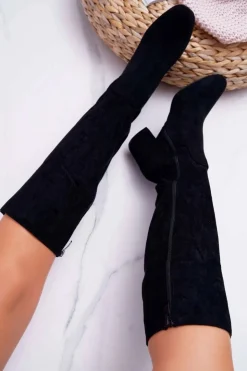Damskie Boto Damskie Kozaki Do Kolana Zamszowe Czarne Twins