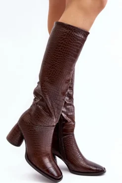 Best Boto Damskie Kozaki Do Kolana Na Słupku Wężowy Wzór Brązowe Ceriona