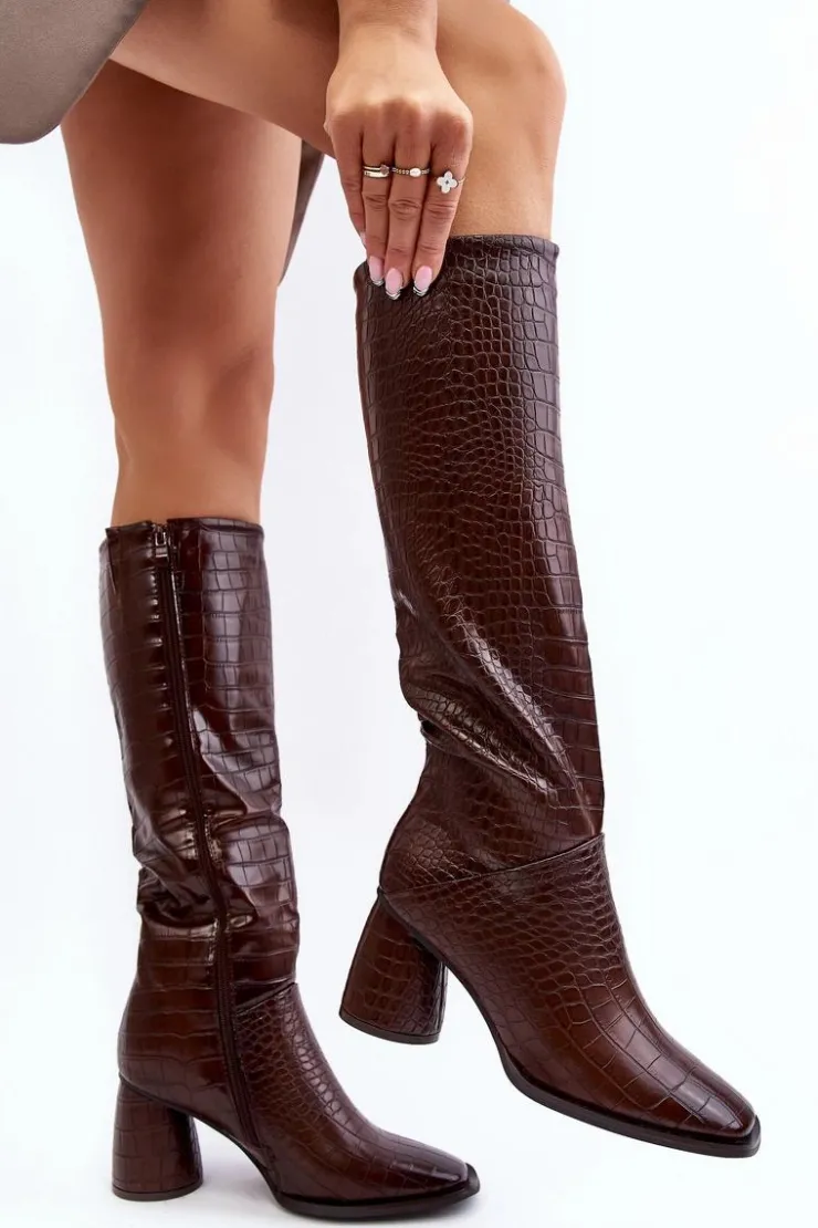 Best Boto Damskie Kozaki Do Kolana Na Słupku Wężowy Wzór Brązowe Ceriona