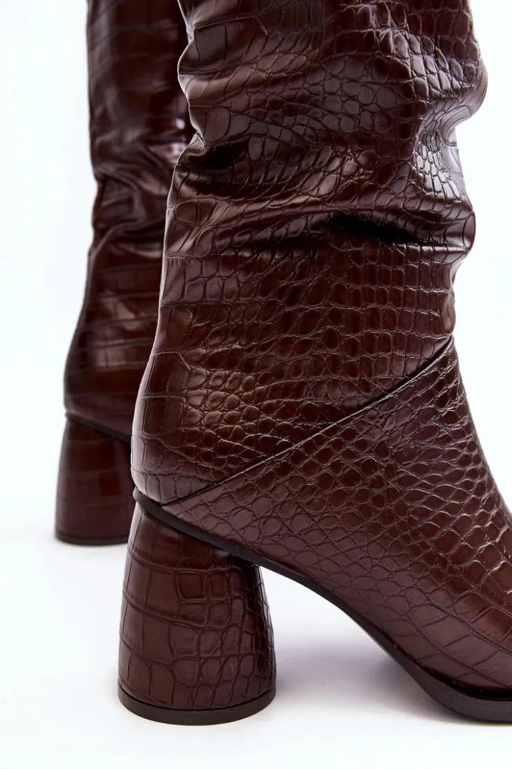 Best Boto Damskie Kozaki Do Kolana Na Słupku Wężowy Wzór Brązowe Ceriona