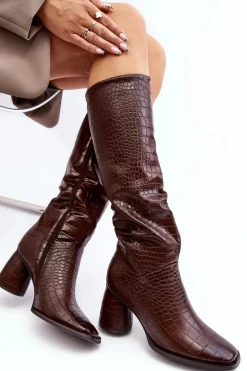 Best Boto Damskie Kozaki Do Kolana Na Słupku Wężowy Wzór Brązowe Ceriona