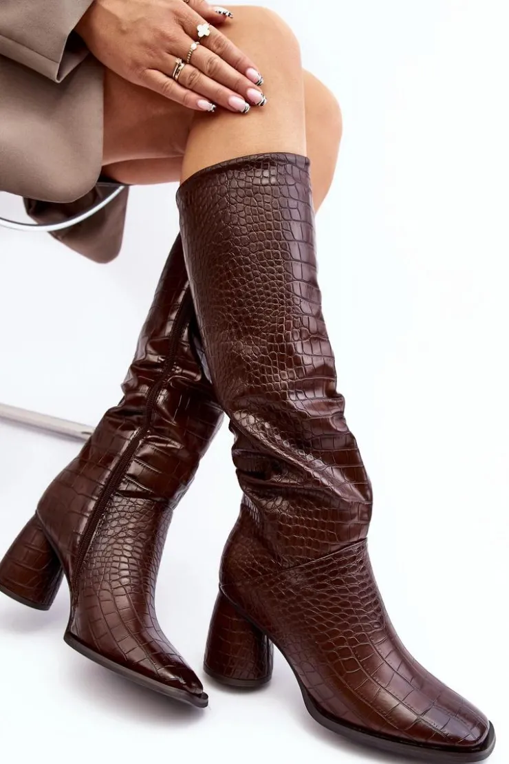 Best Boto Damskie Kozaki Do Kolana Na Słupku Wężowy Wzór Brązowe Ceriona