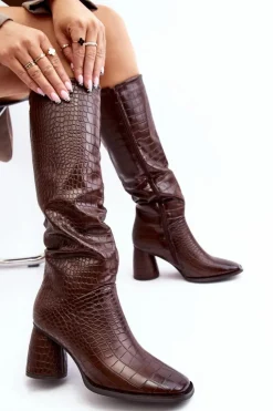 Best Boto Damskie Kozaki Do Kolana Na Słupku Wężowy Wzór Brązowe Ceriona