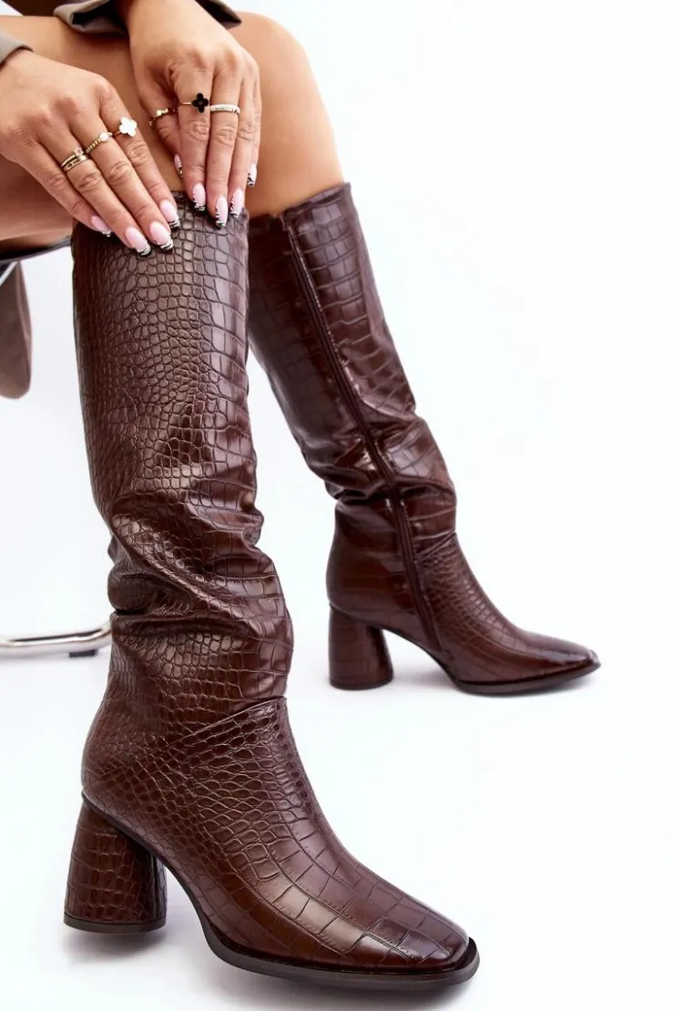 Best Boto Damskie Kozaki Do Kolana Na Słupku Wężowy Wzór Brązowe Ceriona