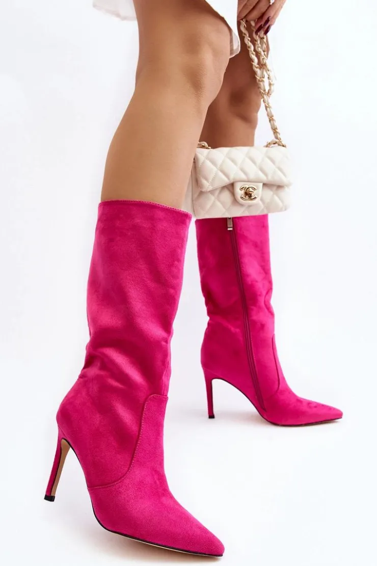 Sale Boto Damskie Kozaki Do Połowy Łydki Na Szpilce Fuksja Odetteia Różowy