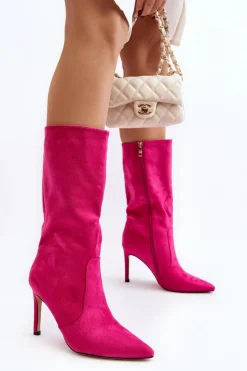 Sale Boto Damskie Kozaki Do Połowy Łydki Na Szpilce Fuksja Odetteia Różowy