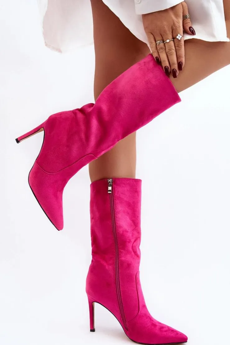Sale Boto Damskie Kozaki Do Połowy Łydki Na Szpilce Fuksja Odetteia Różowy
