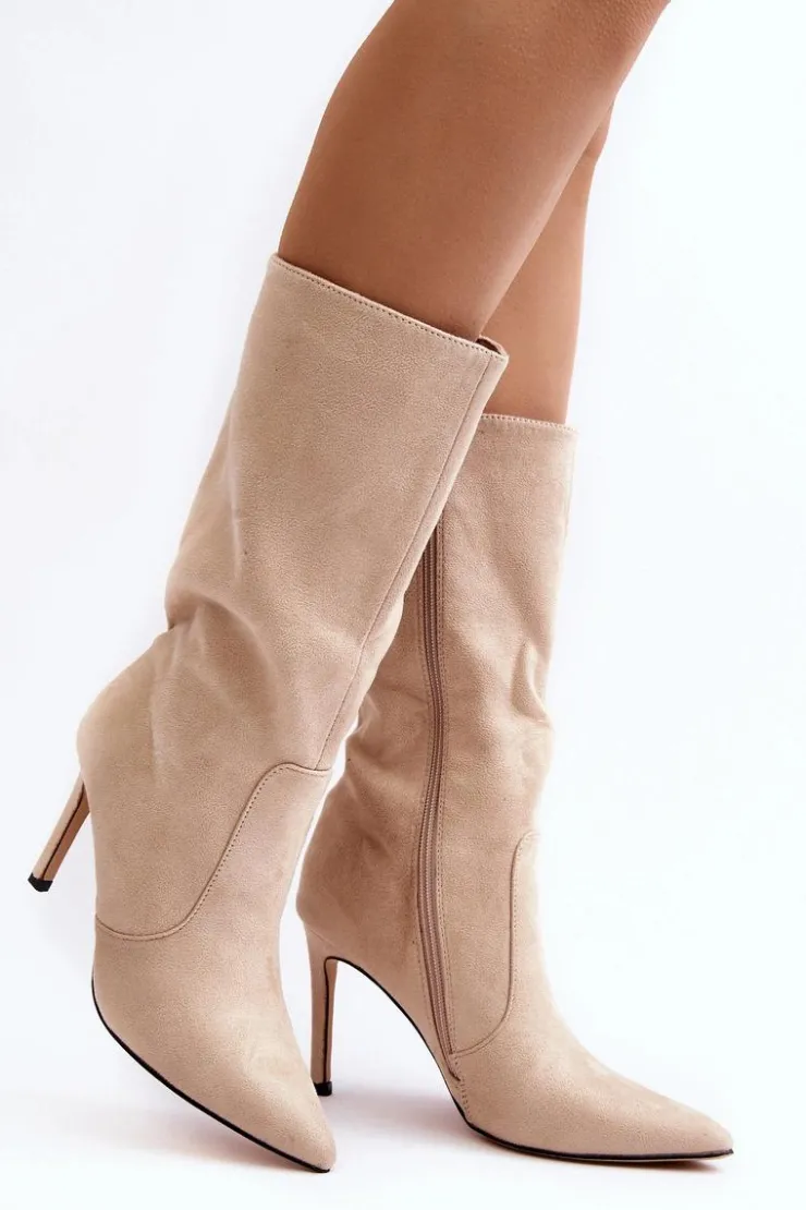 Damskie Boto Damskie Kozaki Do Połowy Łydki Na Szpilce Beżowe Odetteia
