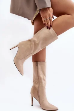 Damskie Boto Damskie Kozaki Do Połowy Łydki Na Szpilce Beżowe Odetteia