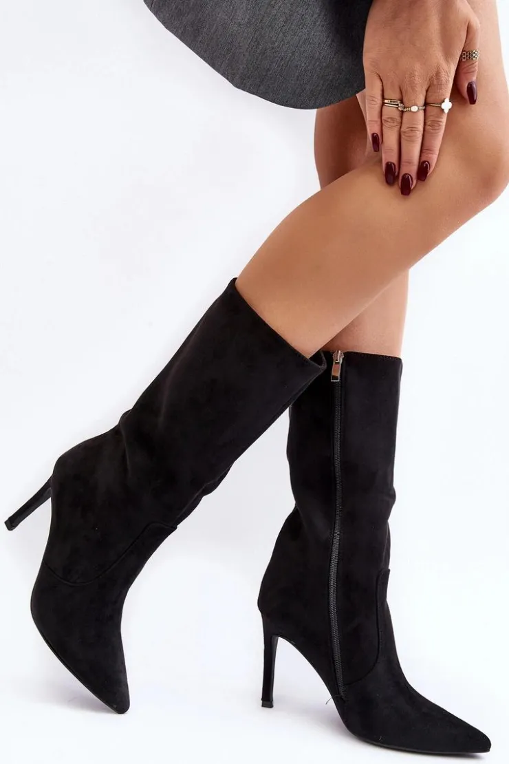 New Boto Damskie Kozaki Do Połowy Łydki Na Szpilce Czarne Odetteia