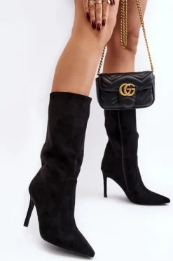 New Boto Damskie Kozaki Do Połowy Łydki Na Szpilce Czarne Odetteia