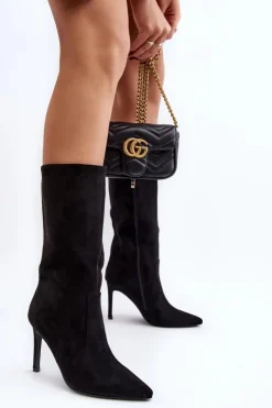 New Boto Damskie Kozaki Do Połowy Łydki Na Szpilce Czarne Odetteia