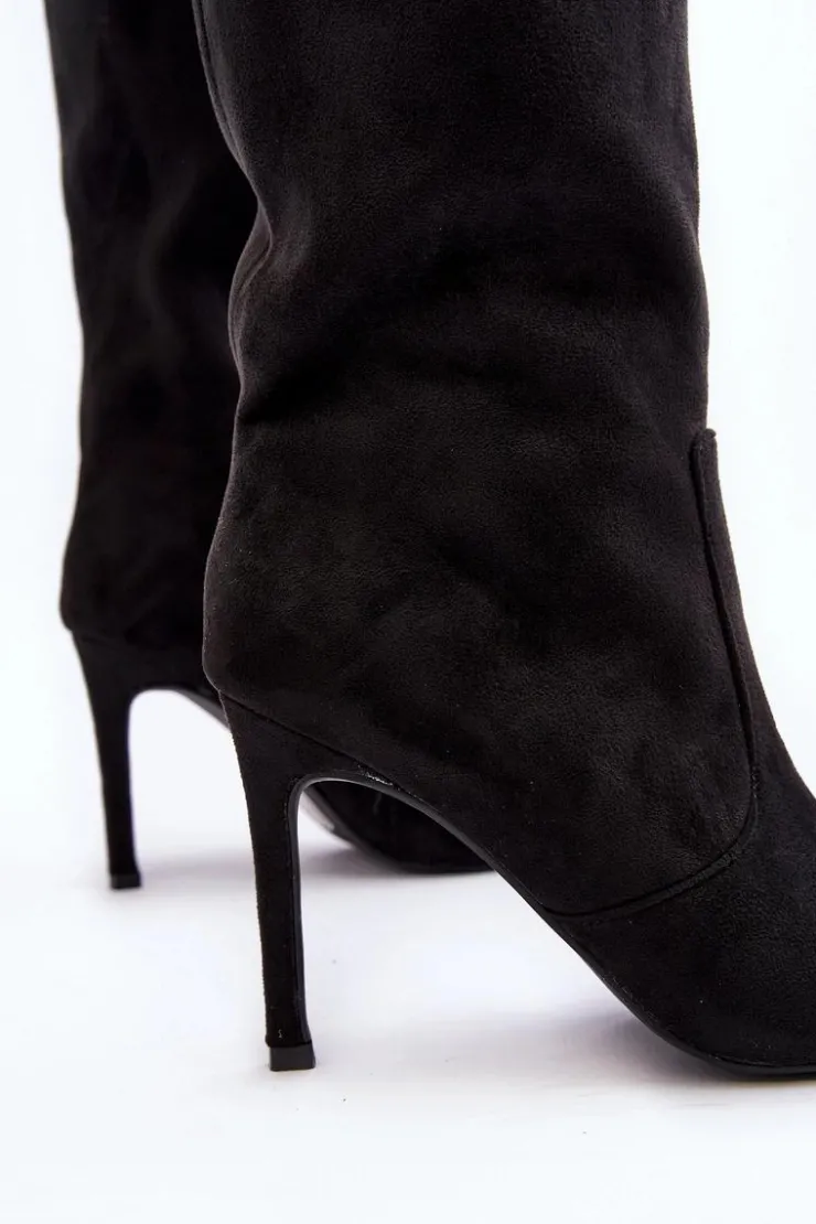 New Boto Damskie Kozaki Do Połowy Łydki Na Szpilce Czarne Odetteia