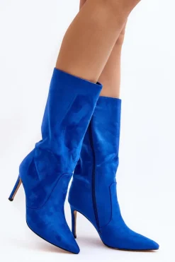 Boto Kozaki Wiosenne|Kozaki Przed Kolano*Damskie Kozaki Do Połowy Łydki Na Szpilce Niebieskie Odetteia