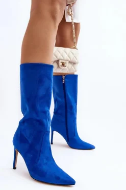 Boto Kozaki Wiosenne|Kozaki Przed Kolano*Damskie Kozaki Do Połowy Łydki Na Szpilce Niebieskie Odetteia