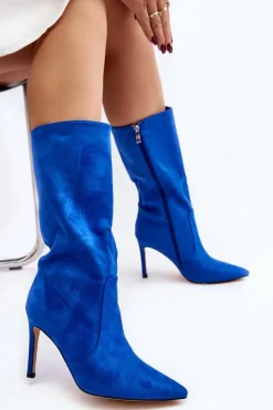 Boto Kozaki Wiosenne|Kozaki Przed Kolano*Damskie Kozaki Do Połowy Łydki Na Szpilce Niebieskie Odetteia