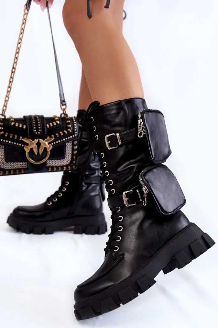 Hot Boto Damskie Kozaki Glany Sznurowane Z Nerkami Czarne Mirrano