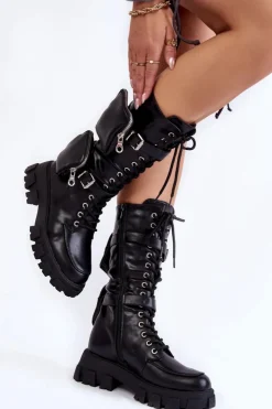 Hot Boto Damskie Kozaki Glany Sznurowane Z Nerkami Czarne Mirrano