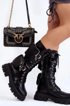 Hot Boto Damskie Kozaki Glany Sznurowane Z Nerkami Czarne Mirrano