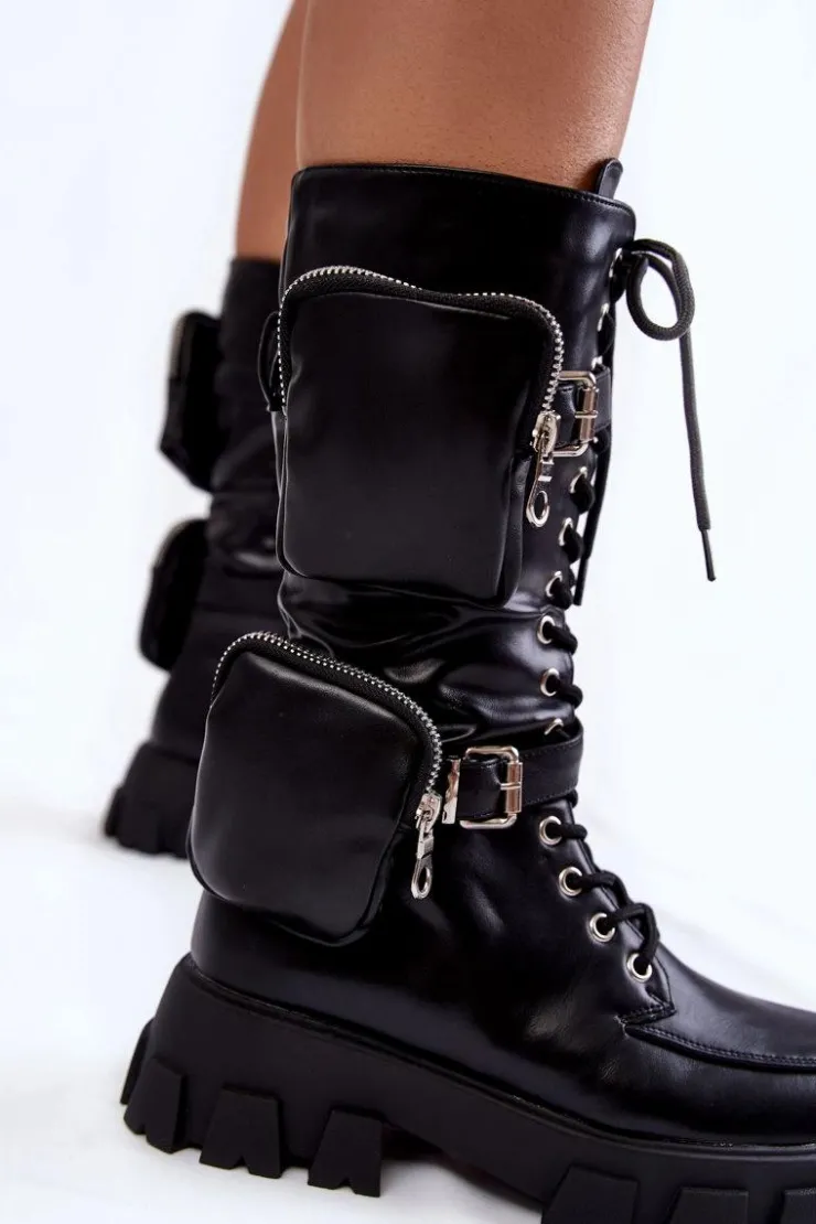 Hot Boto Damskie Kozaki Glany Sznurowane Z Nerkami Czarne Mirrano