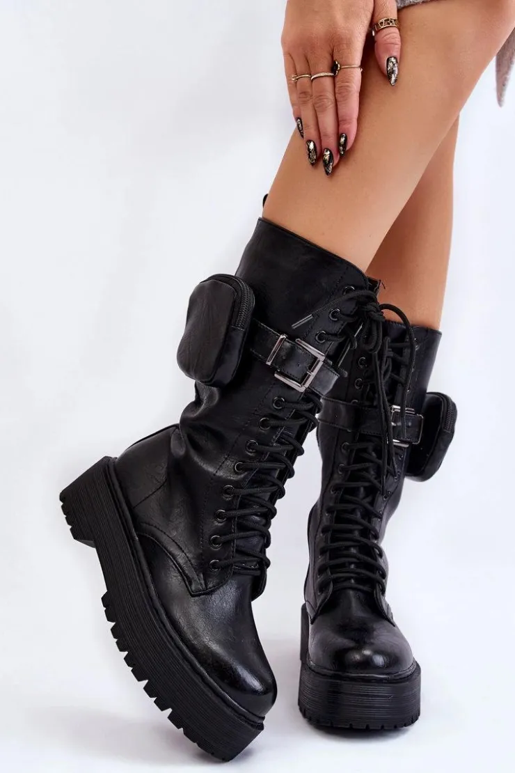 Damskie Boto Damskie Kozaki Glany Z Nerką Sznurowane Czarne Lillien