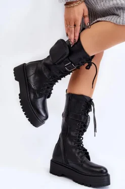 Damskie Boto Damskie Kozaki Glany Z Nerką Sznurowane Czarne Lillien