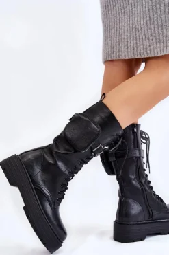 Damskie Boto Damskie Kozaki Glany Z Nerką Sznurowane Czarne Lillien