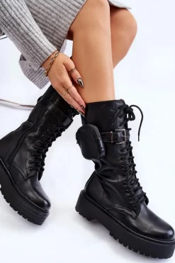 Damskie Boto Damskie Kozaki Glany Z Nerką Sznurowane Czarne Lillien