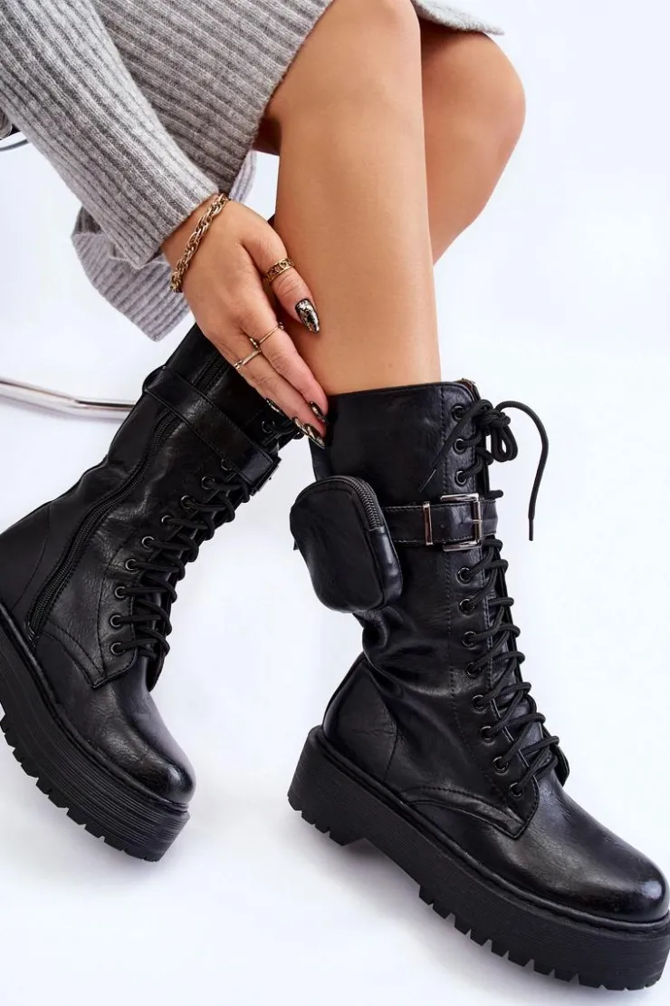 Damskie Boto Damskie Kozaki Glany Z Nerką Sznurowane Czarne Lillien