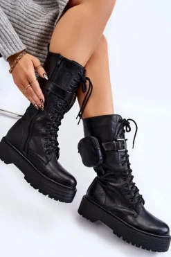Damskie Boto Damskie Kozaki Glany Z Nerką Sznurowane Czarne Lillien