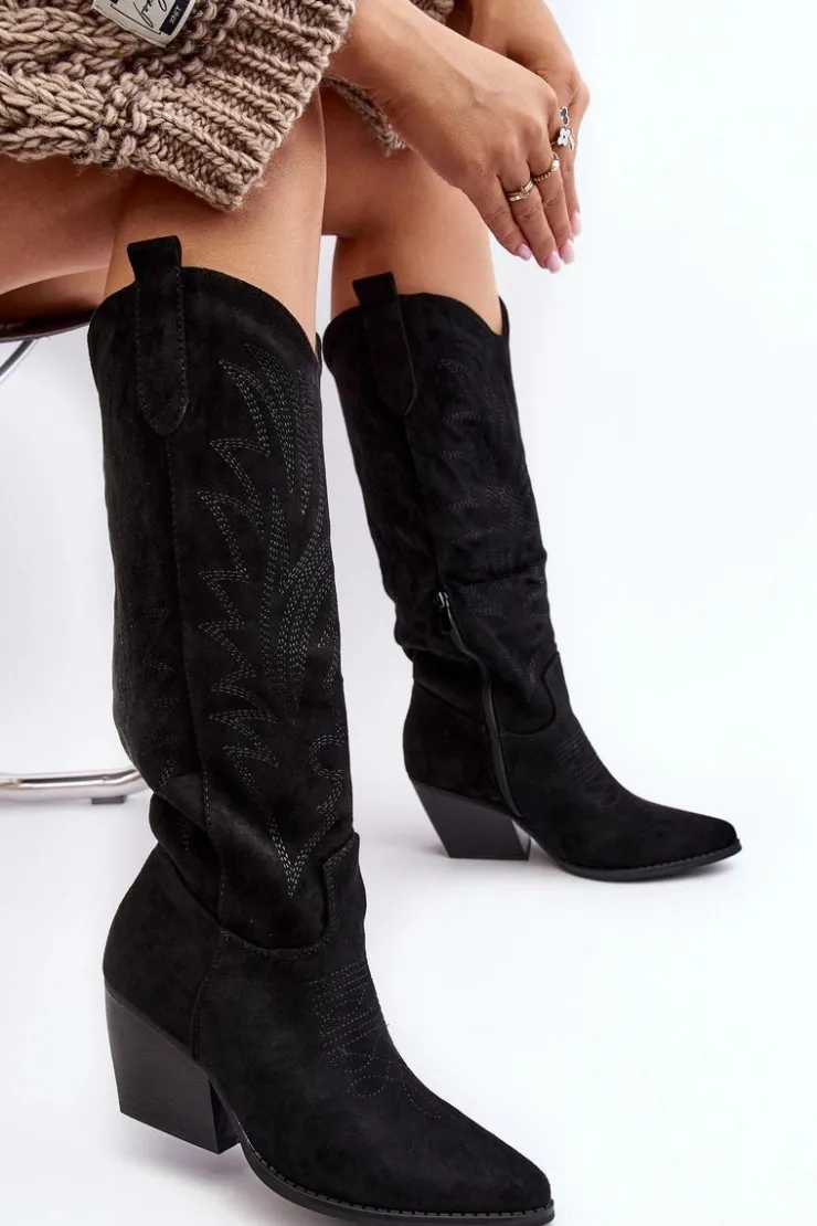 New Boto Damskie Kozaki Kowbojki Na Słupku Czarne Sloana