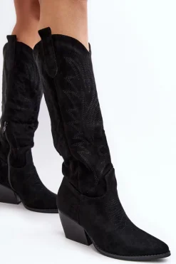 New Boto Damskie Kozaki Kowbojki Na Słupku Czarne Sloana