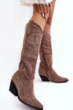 Boto Kozaki Wiosenne|Kozaki Przed Kolano*Damskie Kozaki Kowbojki Na Słupku Ciemnobeżowe Sloana