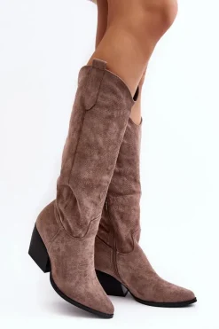 Boto Kozaki Wiosenne|Kozaki Przed Kolano*Damskie Kozaki Kowbojki Na Słupku Ciemnobeżowe Sloana