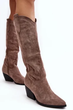 Boto Kozaki Wiosenne|Kozaki Przed Kolano*Damskie Kozaki Kowbojki Na Słupku Ciemnobeżowe Sloana