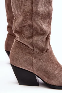 Boto Kozaki Wiosenne|Kozaki Przed Kolano*Damskie Kozaki Kowbojki Na Słupku Ciemnobeżowe Sloana