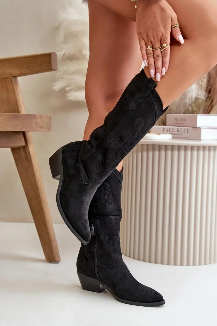 Boto Kozaki Przed Kolano|Kozaki Na Obcasie*Damskie Kozaki Kowbojki Na Niskim Obcasie Z Eko Zamszu Czarne Ligelia