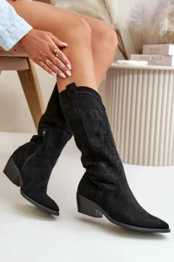 Boto Kozaki Przed Kolano|Kozaki Na Obcasie*Damskie Kozaki Kowbojki Na Niskim Obcasie Z Eko Zamszu Czarne Ligelia