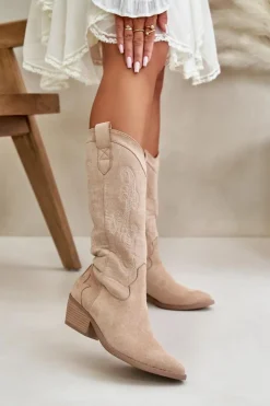Best Boto Damskie Kozaki Kowbojki Na Niskim Obcasie Z Eko Zamszu Beżowe Ligelia